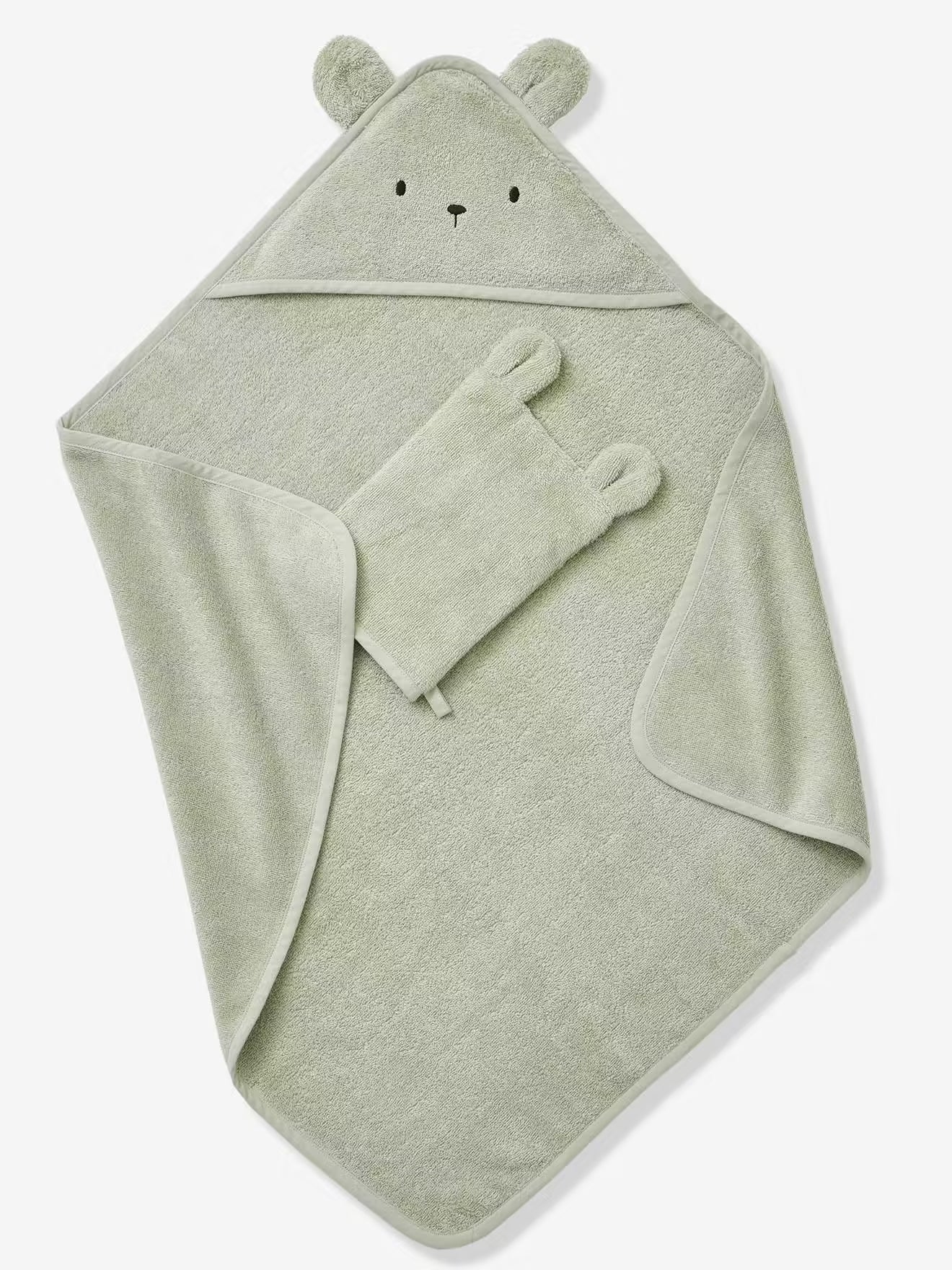 Organic Baby Hooded Bath Towel with Wash Mitt – Soft Absorbent Cotton – Almond Green