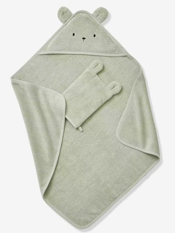 Organic Baby Hooded Bath Towel with Wash Mitt – Soft Absorbent Cotton – Almond Green