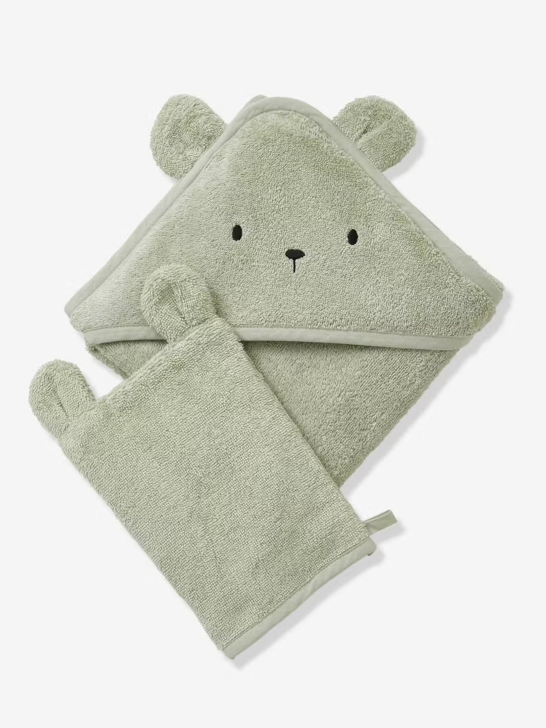 Organic Baby Hooded Bath Towel with Wash Mitt – Soft Absorbent Cotton – Almond Green