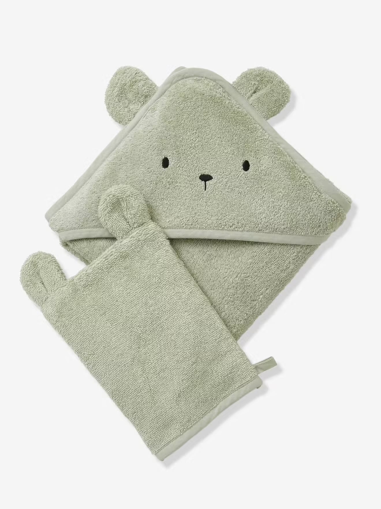 Organic Baby Hooded Bath Towel with Wash Mitt – Soft Absorbent Cotton – Almond Green