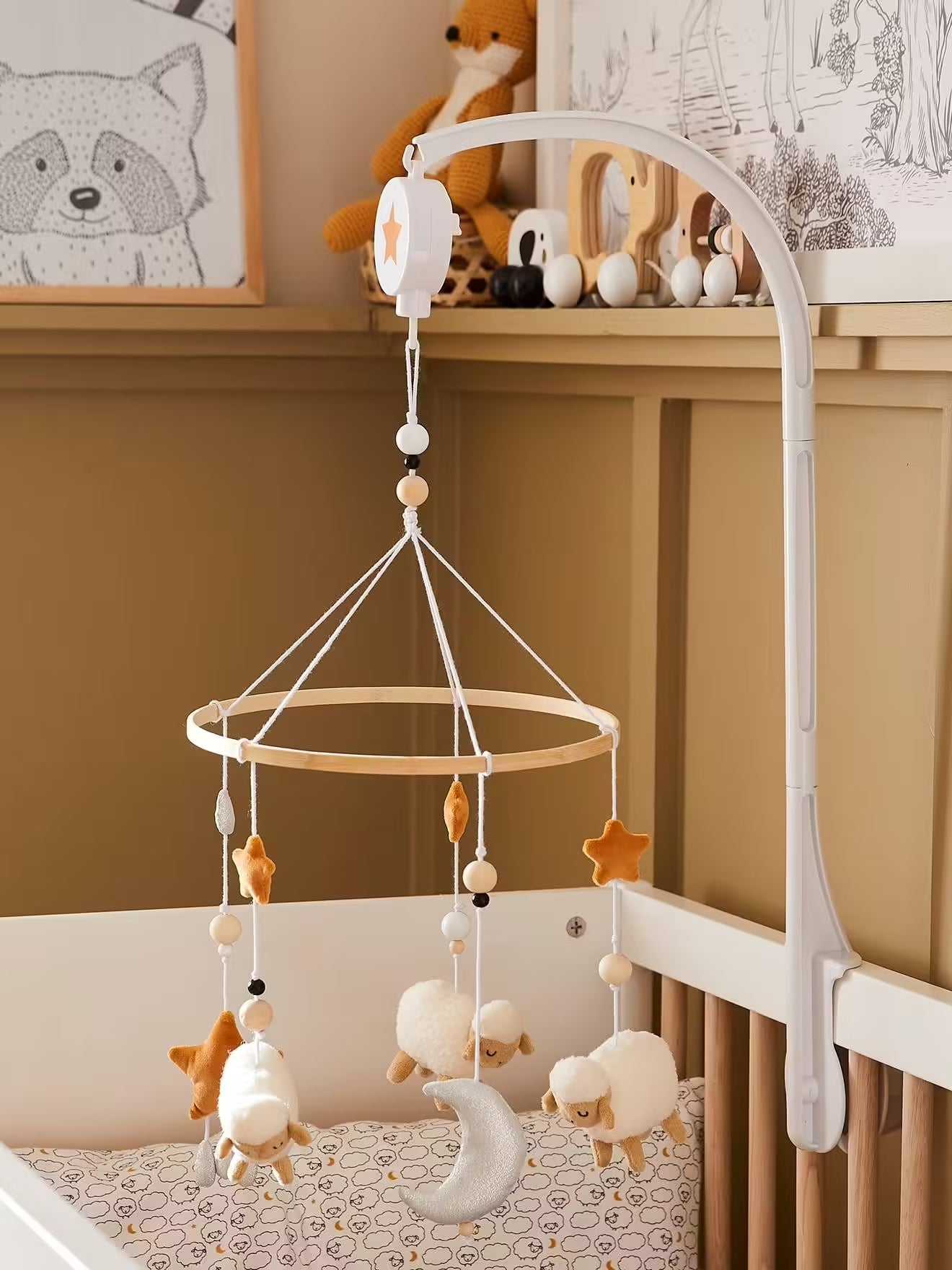 Musical Baby Cot Mobile – Soft Sheep Design with Hanging Toys – Cream & Multicolour