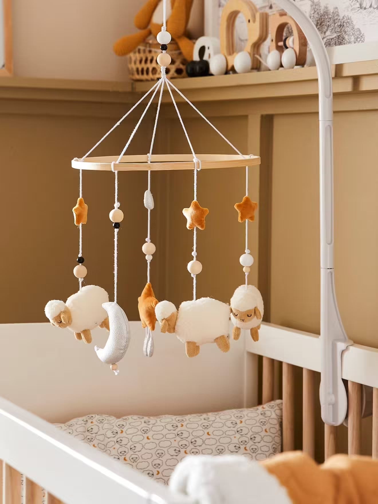 Musical Baby Cot Mobile – Soft Sheep Design with Hanging Toys – Cream & Multicolour